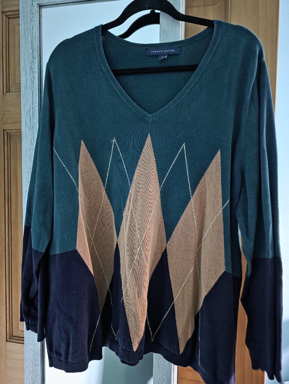 Tommy Hilfiger Teal and Tan V-Neck Argyle Sweater
